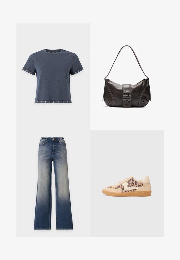 Mørkegrå t-shirt med korte ærmer med metaløjer på ærmer og kant, rund halsudskæring og en afslappet pasform.; Højtaljede vidde ben jeans i lys til mørkeblå denim med falmende farve, med knaplukning og bæltestropper. Ren kant og ingen synlige pynt.; Leopardprint sneakers med beige ruskindsoverdel, tan gummisål og hvide detaljer. Rund pegefinger og snørebåndsdesign med en tekstureret finish.; Brun læder skuldertaske med en buet form, der har et fremtrædende spænde, kontrasterende syninger og en enkelt skulderrem.