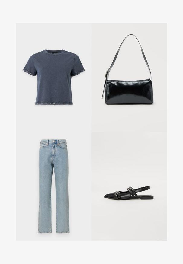 Camiseta de manga corta de color gris oscuro con detalles de ojales metálicos en las mangas y el dobladillo, cuello redondo y ajuste relajado.; Jeans de mezclilla azul claro con diseño de pierna recta, cinco bolsillos, cierre de botón y textura sutil. Sin desgastes ni patrones visibles.; Even&Odd Bailarinas con tira trasera - black; Bolso de hombro rectangular negro con una correa ajustable y un cierre de cremallera superior sobre un fondo liso.
