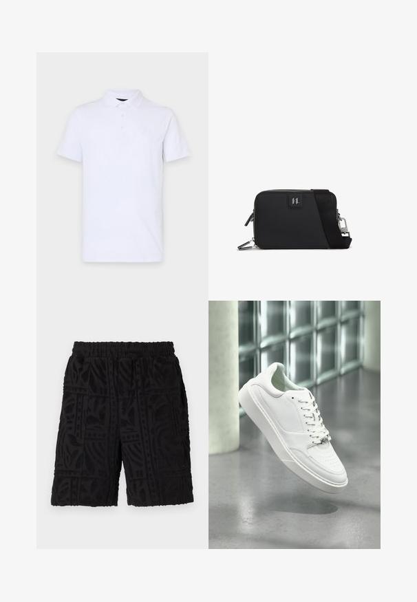 Valge polo särk, mis on valmistatud pehmest puuvillast, klassikalise krae, kolme nupuga ja väikese, jõhvikas kujulise logoga rinnal.; Must have tekstuuriga mustad lühikesed püksid, millel on reljeefne lehe muster, elastne vöökoht ja küljetaskud. Lõbus disain ja keskmise reie pikkus.; Valge nahast vabaajajalanõu ümara ninaga, paeltega ees ja tasase kummitaldaga. Omaduseks on perforatsioonid ja peen logo.; Mustreeritud must ristkülikukujuline kott, millel on lukuga sulgemine, reguleeritav rihm ja esipaneelil logo silt.