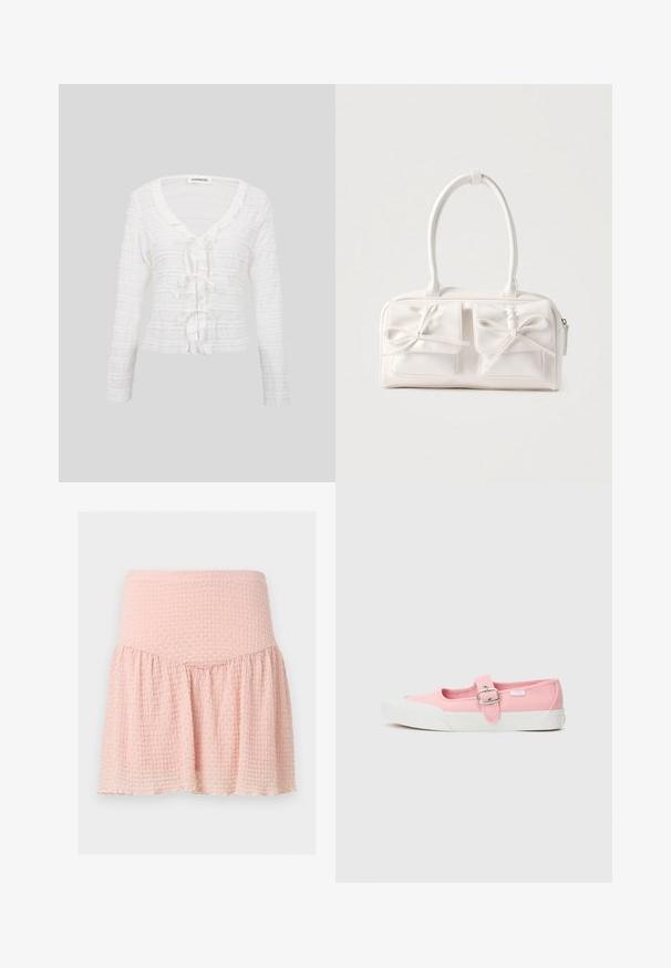 Chaqueta blanca de manga larga con franjas horizontales de encaje y tres lazos atados en la parte delantera, con cuello redondo.; Minifalda rosa claro con textura, cintura ancha y detalle de tela fruncida sobre un fondo liso.; Zapatilla de lona rosa con suela plana, que presenta una correa y hebilla en la parte media del pie. Suela de goma blanca con un diseño limpio y simple.; Bolso sintético blanco con dos bolsillos delanteros, cada uno con un detalle de lazo atado. Textura suave, asas redondeadas y cierre de cremallera.