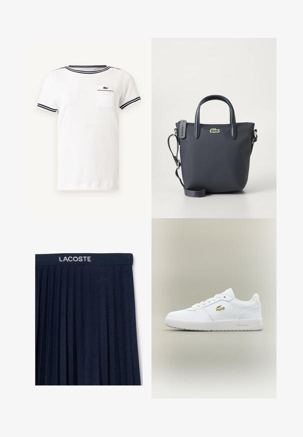 Hvid strikket T-shirt med korte ærmer og marineblå stribet kant på kraven og ærmerne, med en lille brystlomme med en grøn krokodillelogo.; Marinblå plisseret nederdel med elastisk talje og hvid "LACOSTE" logo. Blød stofstruktur med lodrette plisseringer for bevægelse.; Hvide lædersneakers med lavt design, rund tå, snøring og et guld Lacoste-logo som accent på siden.; Mørkeblå håndtaske med tekstureret stof, to topreadere og en aftagelig rem. Har et lille Lacoste-logo og lynlås i lukningen.