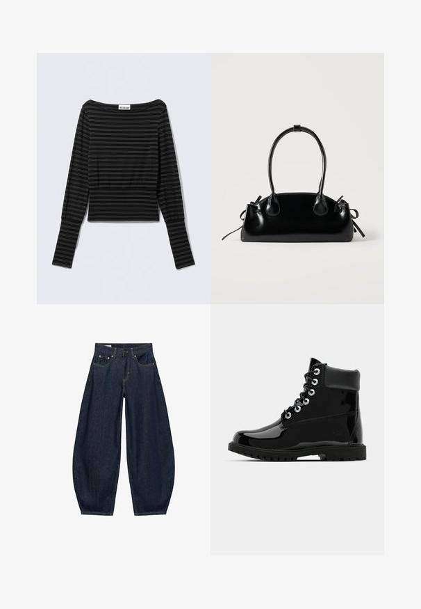 Zwart shirt met lange mouwen en horizontale dunne grijze strepen, bootnek, aangesloten taille en verlengde manchetten van het merk Weekday.; Donkerblauwe denim jeans met wijde pijpen, voorzakken, riemlussen en een knoopsluiting in de taille.; Zwarte glanzende enkelboots met een gladde lakleren afwerking, ronde neus, zes oogjes voor vetersluits, en een robuuste rubberen zool.; Kleine zwarte glanzende handtas met twee lange hengsels en zijkant trekkoord details op een effen lichte achtergrond.