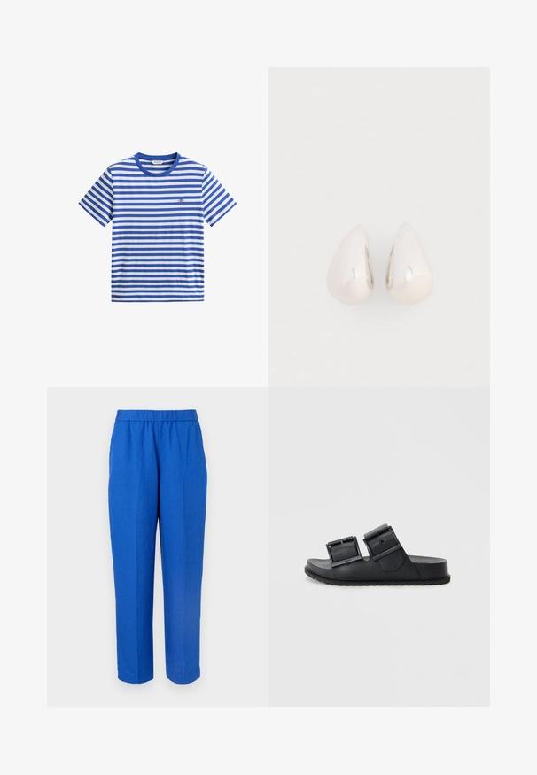 Camiseta de manga corta con rayas horizontales en azul y blanco, escote redondo y pequeño logotipo bordado en el pecho.; Pantalones azules de pierna recta con cintura elástica y pliegue frontal, mostrados sobre un fondo claro y liso.; Sandalias de slide negras hechas de un material texturizado con dos correas ajustables que cuentan con hebillas. Suela plana con un diseño de dibujo para mayor agarre.; Pendientes de gota de metal plateado con una superficie suave y reflectante, en forma de lágrima, que presentan un diseño sin costuras y sin embellishments visibles.