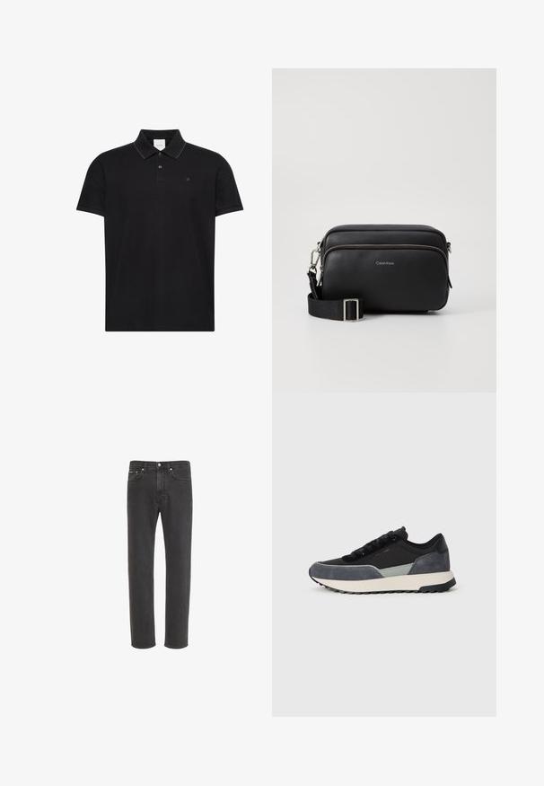 Sort kortærmet polo shirt med krave, to knapper, diskret kontrastkant på kravekanterne og lille "ck" logo på brystet.; Sorte jeans med lige ben i denim med knap- og lynlås-lukning foran, for- og baglommer, vist på hvid baggrund.; Sko med snørebånd i en blanding af sort stof, grå ruskindsdetaljer og en kraftig hvid mellemsål med sort gummisåler.; Sort læder crossbody taske med to lynlåslommer, struktureret overflade, justerbar rem og sølvhardware detaljer. Calvin Klein-logoet er vist.