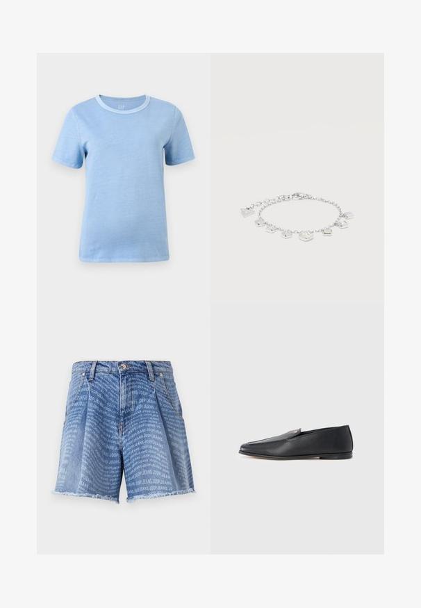 Lyseblå T-shirt med korte ærmer og rund halsudskæring med en lidt mørkere blå krave, vist mod en ensartet hvid baggrund.; Lysblå denimshorts med en falmet vask, der har et gentaget "JOOP! JEANS" print over det hele. Den frynsede kant tilføjer tekstur.; Sorte læderloafers med en glat tekstur, rundet tå og subtile syningsdetaljer. Har en guldfarvet logoaccent på oversiden.; Sølvkædearmbånd med syv små geometriske charms og en trekantet mærkat på en hvid baggrund.