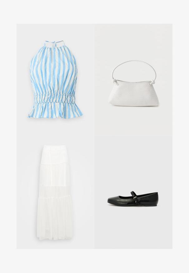 Blauw-wit gestreepte haltertop met geraffineerde bodice, elastische taille en gerimpelde zoom. Gemaakt van lichtgewicht stof met een gestructureerde afwerking.; Witte gelaagde maxi-rok met een elastische tailleband. Gemaakt van lichtgewicht stof, met semi-doorzichtige lagen en een vloeiende uitstraling.; Zwarte leren balletschoenen met een ronde neus, een platte zool en een dunne verstelbare band over de wreef met een metalen gesp.; Witte handtas van gevlochten leer met een afgeronde handgreep en uiteinden van de band die geknoopt zijn, afgebeeld tegen een effen achtergrond.