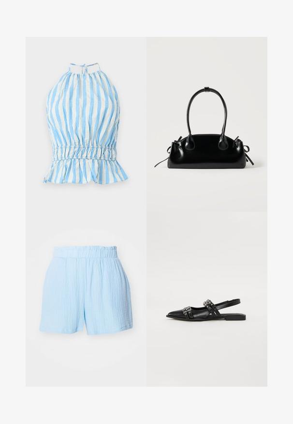 Modrá a biela pruhovaná top s halter strihom, so z gathered bodicou, elastickým pásom a riaseným lemom. Vyrobené z ľahkého materiálu s textúrovaným povrchom.; Svetlomodré šortky z textúrovanej látky s elastickým riaseným pásom a voľným strihom.; Even&Odd by Zalando Balerínky na šnúrky - black; Malá čierna lesklá kabelka s dvoma dlhými rúčkami a bočnými šnúrkovými detailmi na jednoduchom svetlom pozadí.