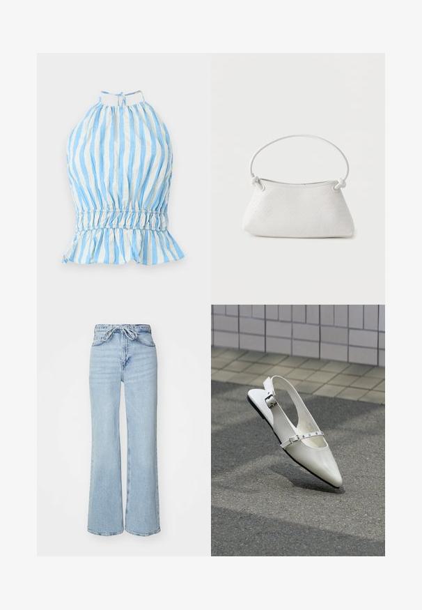 Blå og hvid stribet halterneck-top med samlede stofdetaljer, elastisk talje og volangkant. Lavet af letvægtsstof med en tekstureret finish.; Lys blå denimjeans med bred benlængde, høj talje og snørelukning. Har en tekstureret overflade og rå kant.; Hvid spids slingback flad sko med to sølvspænder, vist udendørs på tekstureret underlag og flisebelagt væg baggrund.; Hvid fletlæderhåndtaske med afrundet håndtag og ender på remmen, der er knyttet, vist mod en ensfarvet baggrund.