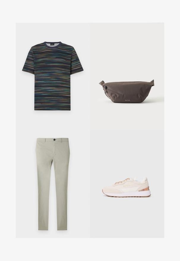 Katoenen T-shirt met korte mouwen, voorzien van een marineblauwe basis met meerkleurige horizontale strepen en een ronde hals.; Lichtgrijze chino's van katoen met een gladde textuur, rechte pijpen, knoopsluiting en voorzakken.; Sneakers met een beige suède bovenkant, witte accenten, een brown rubberen zool en kleurrijke gestreepte details op de hiel; heeft brown veters.; Donkerbruine stoffen heuptas met diagonale ritssluiting en klein wit logo aan de voorkant, tegen een effen lichte achtergrond.