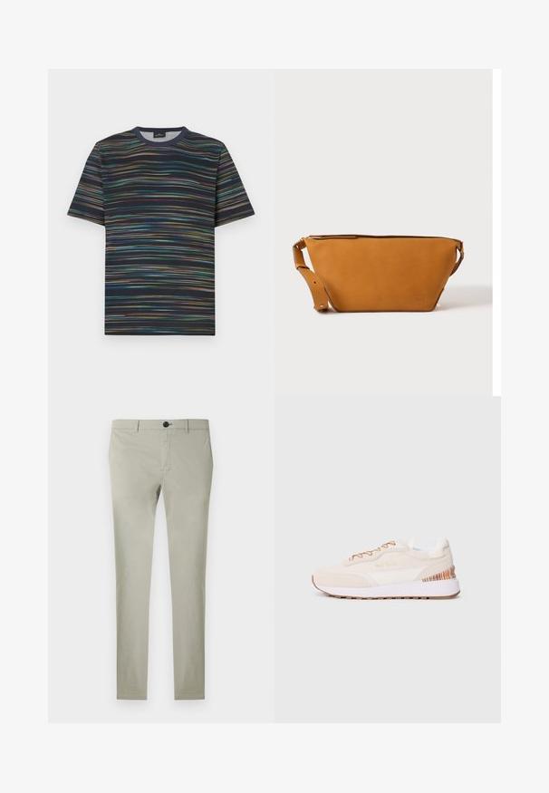 T-shirt manches courtes en coton, avec une base bleu marine et des rayures horizontales multicolores, col rond.; Chinos gris clair en coton avec une texture lisse, coupe droite, fermeture par boutons et poches avant.; Baskets avec une tige en suède beige, des accents blancs, une semelle en caoutchouc marron et un détail rayé coloré sur le talon ; elles sont dotées de lacets marron.; Sac bandoulière en cuir marron clair avec sangle réglable et fermeture éclair, présenté sur un fond clair uni.