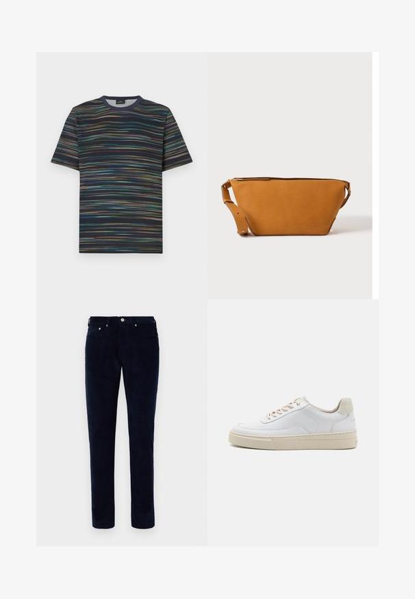 T-shirt manches courtes en coton, avec une base bleu marine et des rayures horizontales multicolores, col rond.; Pantalons en velours côtelé bleu foncé pour hommes, coupe ajustée, avec poches avant et arrière, passants de ceinture et fermeture à bouton.; Sneaker blanche avec un dessus en cuir lisse, des lacets beige et un onglet de talon en daim beige texturé. Semelle surélevée pour une hauteur supplémentaire.; Sac bandoulière en cuir marron clair avec sangle réglable et fermeture éclair, présenté sur un fond clair uni.