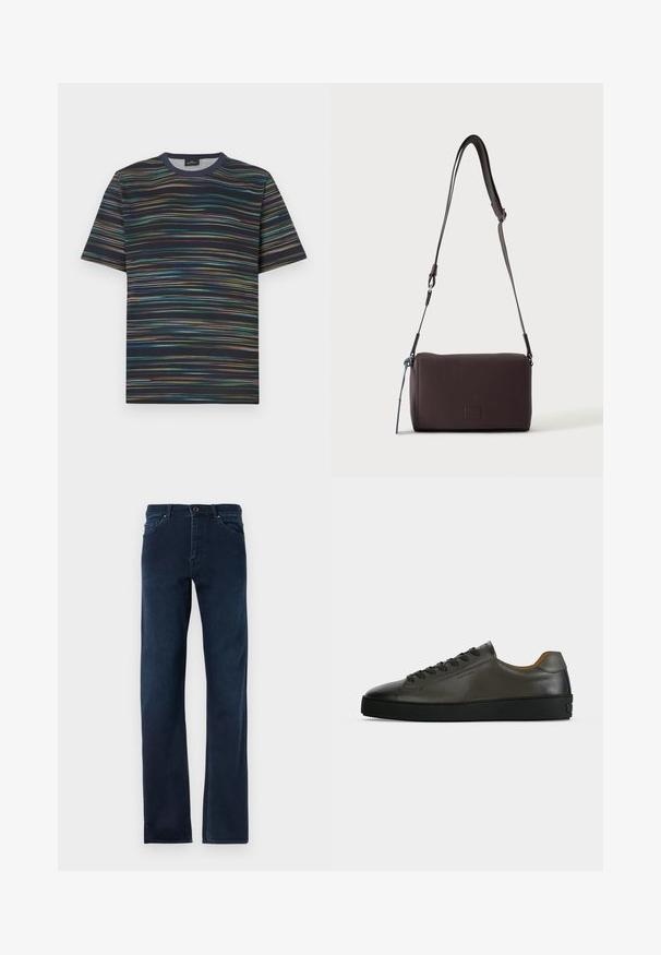 T-shirt manches courtes en coton, avec une base bleu marine et des rayures horizontales multicolores, col rond.; Jean en denim bleu foncé avec des jambes droites, cinq poches, une fermeture à bouton et des coutures contrastées le long des coutures.; Basket basse en cuir gris foncé avec lacets et semelle noirs, design minimaliste, profil latéral sur un fond clair uni.; Sac bandoulière en cuir marron foncé texturé avec une sangle réglable et un petit accent décoratif bleu sur le côté.