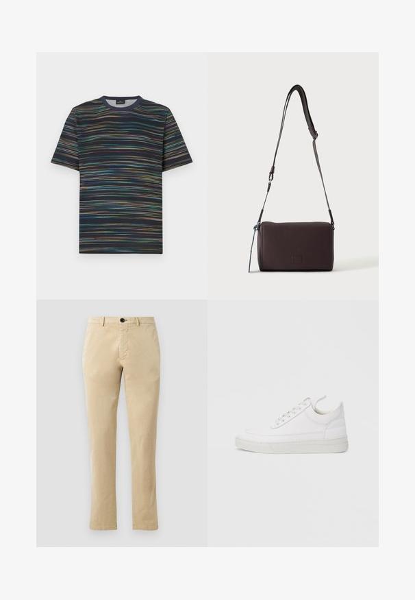 Camiseta de manga corta hecha de algodón, con base azul marino y rayas horizontales multicolores, con cuello de tipo redondo.; Chinos de algodón beige con un diseño de pierna recta, con cierre frontal de botón y sutiles detalles de costura. Textura suave y sin patrones.; Zapatilla blanca de cuero con punta redondeada, suela plana y cierre de cordones. Presenta detalles de costuras y un cuello acolchado para mayor comodidad.; Bolso bandolera de cuero marrón oscuro con textura, correa ajustable y pequeño adorno decorativo azul en el lateral.
