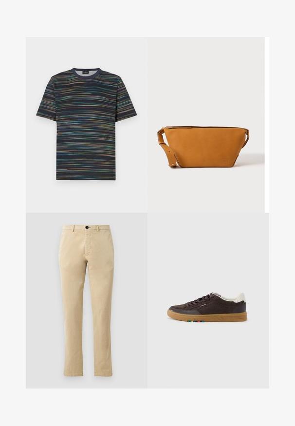 Kortærmet T-shirt lavet af bomuld, med en marineblå base og flerfarvede horisontale striber samt rund halsudskæring.; Beige bomulds chinos med lige ben, der har en front knaplukning og diskrete syninger. Glat tekstur og uden mønstre.; Mørkebrun ruskindssneaker med rågummisål, hvid hælflig, snørelukning og lille multicolor detalje på siden af sålen.; Lys brun læder crossbody taske med justerbar rem og lynlås, vist mod en ensartet lys baggrund.