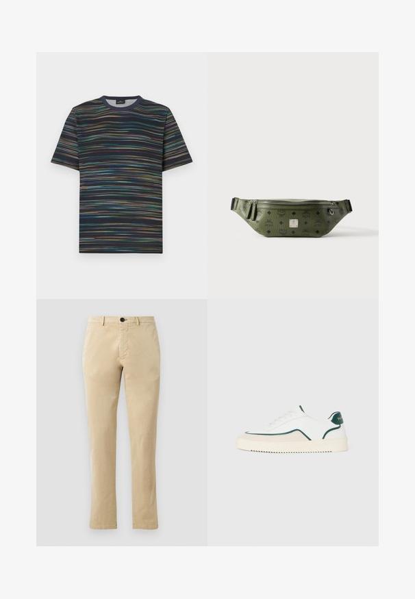 Kortærmet T-shirt lavet af bomuld, med en marineblå base og flerfarvede horisontale striber samt rund halsudskæring.; Beige bomulds chinos med lige ben, der har en front knaplukning og diskrete syninger. Glat tekstur og uden mønstre.; Hvide lavtop sneakers med grønne detaljer, beige ruskind og en cremefarvet sål med en rilllet bund.; Olivengrøn tekstureret læder talletaske med sorte logoer, sølv lynlås, dobbelt lynlåstræk og central sølv brandplade.