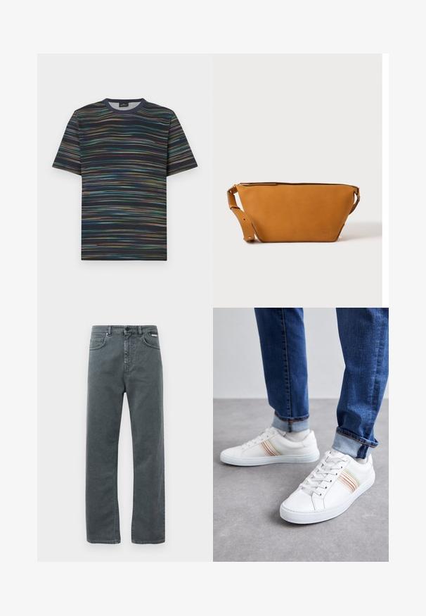 T-shirt manches courtes en coton, avec une base bleu marine et des rayures horizontales multicolores, col rond.; Jean en denim gris avec une coupe droite, cinq poches et une fermeture à bouton. Présente des coutures discrètes et un design classique et minimal.; Baskets en cuir blanc avec des rayures multicolores, design à lacets, semelle en caoutchouc et col rembourré, associées à un jean en denim bleu.; Sac bandoulière en cuir marron clair avec sangle réglable et fermeture éclair, présenté sur un fond clair uni.
