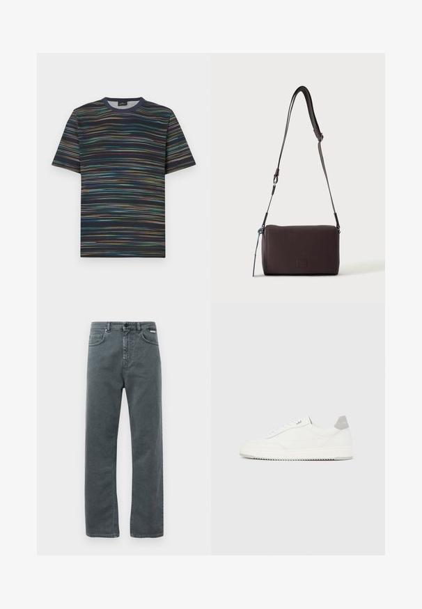 Kortærmet T-shirt lavet af bomuld, med en marineblå base og flerfarvede horisontale striber samt rund halsudskæring.; Grå denimjeans med lige ben, fem lommer og knaplukning. Har diskret syning og et klassisk, minimalistisk design.; Hvid lavtop-sneaker med gråt hælflig, hvide snørebånd og tekstureret sål, vist på en ensfarvet lys baggrund.; Mørkebrun textured læder crossbody taske med justerbar rem og lille dekorativ blå accent på siden.