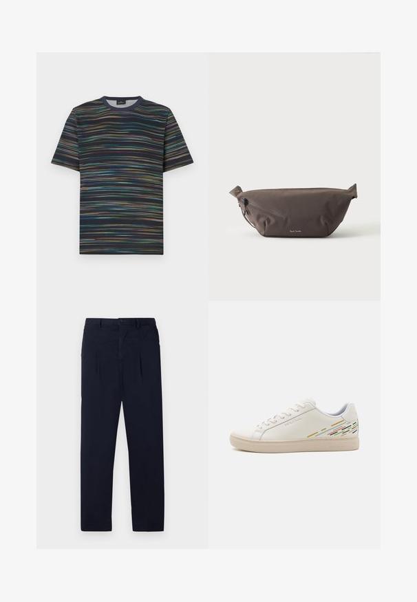 T-shirt manches courtes en coton, avec une base bleu marine et des rayures horizontales multicolores, col rond.; Pantalons bleu marine en tissu léger avec une taille plate, deux plis et une fermeture à bouton standard au niveau de la taille.; Baskets en cuir blanc avec une texture lisse, présentant des motifs de lignes colorées au niveau du talon et une semelle en caoutchouc beige.; Sac banane en tissu marron foncé avec poche zippée en diagonale et petit logo blanc sur le devant, sur un fond clair uni.