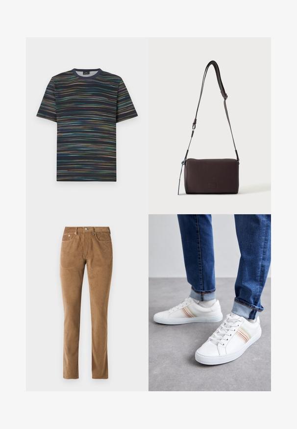 Kortærmet T-shirt lavet af bomuld, med en marineblå base og flerfarvede horisontale striber samt rund halsudskæring.; Brune corduroy bukser med en skræddersyet pasform, der har fem lommer, en knaplukning og syet detaljer langs sømmene.; Hvide lædersneakers med multicolore striber, snørebåndsdesign, gummisål og polstret krave, parret med blå denimjeans.; Mørkebrun textured læder crossbody taske med justerbar rem og lille dekorativ blå accent på siden.