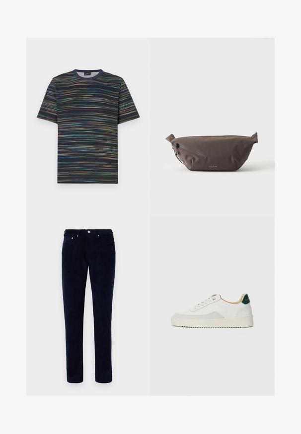 Kurzärmeliges T-Shirt aus Baumwolle mit dunkelblauem Grund und mehrfarbigen horizontalen Streifen sowie einem Rundhalsausschnitt.; Herren Slim-Fit dunkelblaue Cordhosen mit Front- und Gesäßtaschen, Gürtelschlaufen und Knopfverschluss.; Weiße Sneaker mit Wildlederelementen, runder Zehenpartie, flachen Schnürsenkeln und einer cremefarbenen Gummisohle. Mit grünen Markenlogo am Fersenbereich.; Dunkelbraune Stoff-Gürteltasche mit diagonalem Reißverschlussfach und kleinem weißen Logo vorne, vor einem einfarbigen hellen Hintergrund.