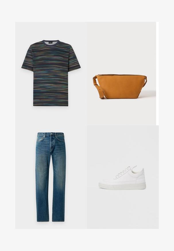 Katoenen T-shirt met korte mouwen, voorzien van een marineblauwe basis met meerkleurige horizontale strepen en een ronde hals.; Blauwe denim jeans met een recht gesneden ontwerp, voorzien van een vijf-pocketstijl, subtiele vervaging en contrasterende stikselaccenten.; Witte leren sneaker met een afgeronde neus, platte zool en veters aan de voorkant. Voorzien van stikseldetails en een gevoerde kraag voor comfort.; Lichtbruine leren crossbodytas met verstelbare band en ritssluiting, getoond tegen een effen lichte achtergrond.