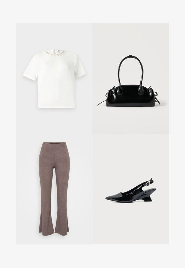 Witte korte mouwen blouse met ronde halslijn met fijne beige gehaakte rand en kleine kwastjes, knoopsluiting aan de achterkant.; Bruine geribbelde flared broeken met een hoge, rekbare tailleband en een zachte textuur, met een subtiel verticaal patroon in het geheel.; Zwarte lakleren slingback schoen met spitse neus en lage schuine blokhak op een effen lichte achtergrond.; Kleine zwarte glanzende handtas met twee lange hengsels en zijkant trekkoord details op een effen lichte achtergrond.