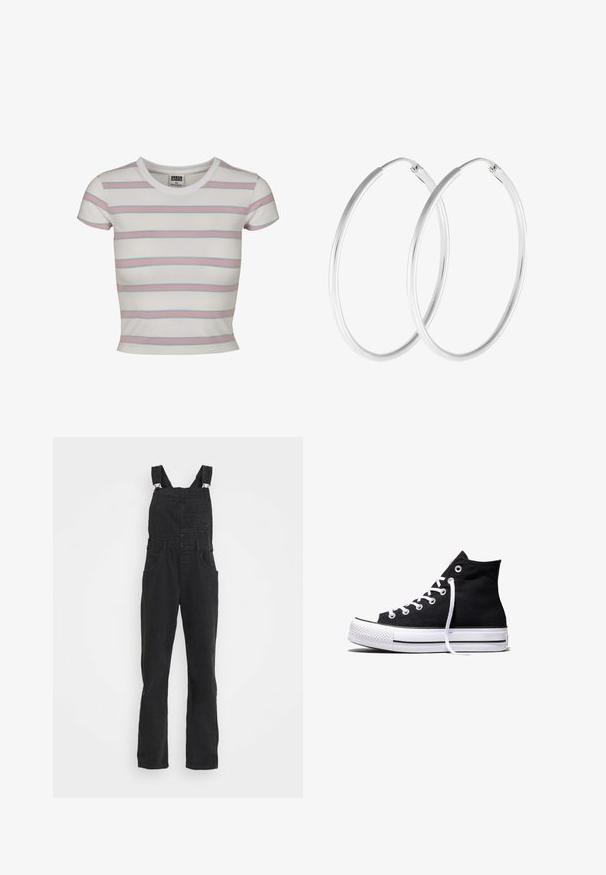T-shirt ajusté à manches courtes en coton blanc avec des rayures pastel horizontales en bleu clair et rose. Caractéristiques d'un col rond et d'un design court.; Free People ZIGGY OVERALL - Salopette - mineral black; Baskets montantes en toile noire avec semelle en caoutchouc blanche et lacets blancs, vues de côté sur un fond blanc.; Boucles d'oreilles en argent, de forme ronde lisse et finition polie. Les deux boucles d'oreilles sont de la même taille et disposent d'un mécanisme de fermeture sécurisé.