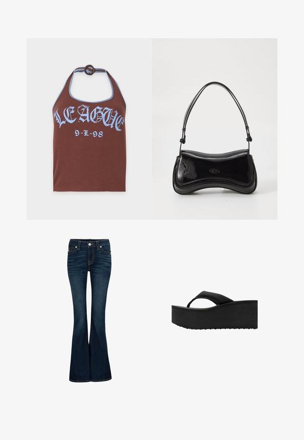 Braunes Neckholder-Top mit blauer Umrandung, Ring am Ausschnitt und blauer gotischer Schrift mit der Aufschrift "LEAGUE 9-L-98" auf der Brust.; True Religion Flared Jeans - indigo upgrade; Schwarzer Plateau-Zehentrenner mit dicker, gepolsterter Sohle und breitem Zehenriemen, von der Seite auf weißem Hintergrund gezeigt.; Schwarze Handtasche aus lackiertem Leder mit einer geschwungenen Form, einem einzelnen Griff und einem runden Boden. Verfügt über ein dezentes Logo-Detail auf der Vorderseite.