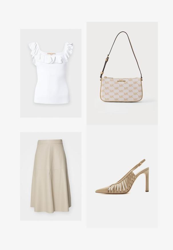 Witte mouwloze geribde top met vierkante halslijn en geplooide rand langs schouders en borst.; Beige A-lijn midi-rok met zichtbare naaddetails en een aansluitende tailleband, gemaakt van glad leerachtig materiaal.; Beige slingback met hoge hak, spits toelopende neus en uitgewerkt bandjesdesign, met een gouden gesp op het enkelbandje.; Beige en witte Michael Kors schoudertas met herhalend MK-logo patroon, gouden ritssluiting en verstelbare donkerbruine band.