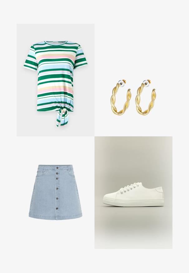 Grøn- og blåstribet T-shirt med korte ærmer, rund halsudskæring og en knude-detalje ved kanten. Fremstillet af et blødt stof.; Lysblå denimnederdel med hvide striber. Har knaplukning foran, to sidelommer og en udvidet kant.; Hvid lavtop sneaker med hvide snørebånd og gummisål vist fra siden på en neutral baggrund.; Guld snoede hoops øreringe med en glat overflade, der har en transparent baggrund og hardware i guldtoner.