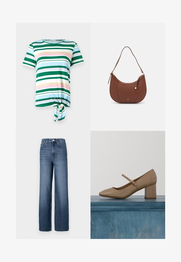 Grøn- og blåstribet T-shirt med korte ærmer, rund halsudskæring og en knude-detalje ved kanten. Fremstillet af et blødt stof.; Blå denimjeans med høj talje og vidde ben. Har et klassisk fem-lomme design og metal knapdetaljer.; Beige læderpumpe med blokhæl, rundet tå og en dekorativ strop med en gylden spænde. Glat tekstur, minimalistisk design.; Brun faux læder skuldertaske med buet form, minimal syning og en guldtonet hardwaredetalje. Har en top lynlåslukning og justerbar rem.