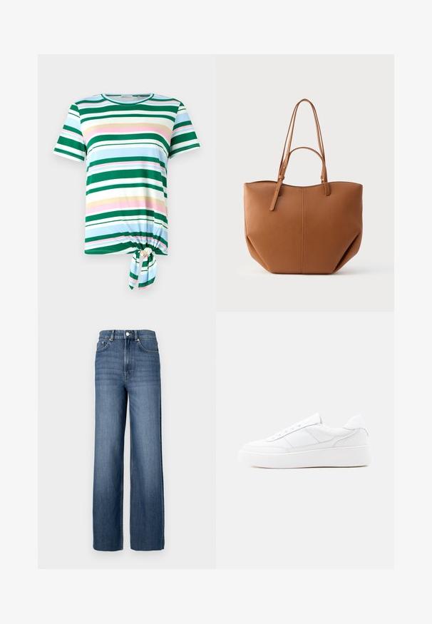 Gestreiftes T-Shirt in Grün und Blau mit kurzen Ärmeln, einem runden Halsausschnitt und einem Knoten-Detail am Saum. Aus einem weichen Stoff gefertigt.; Blaue Jeans aus Denim mit hohem Bund und weitem Schnitt. Verfügt über ein klassisches Fünf-Taschen-Design und metallene Knopfdetails.; Weißer Low-Top-Sneaker mit dicker Sohle, Schnürdesign und dezenten Nahtdetails auf hellem, einfachem Hintergrund.; Tan-farbene Tragetasche aus Kunstleder mit zwei langen Henkeln, abgerundeter Form, sichtbaren Nähten und vertikalen Nahtdetails. Glatte Textur.