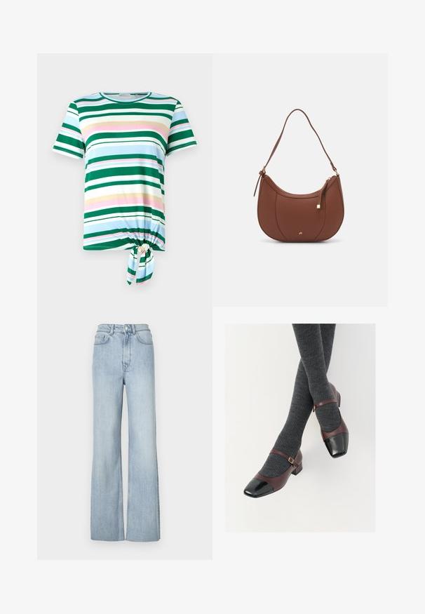 Gestreiftes T-Shirt in Grün und Blau mit kurzen Ärmeln, einem runden Halsausschnitt und einem Knoten-Detail am Saum. Aus einem weichen Stoff gefertigt.; Hellblaue, ausgestellte Jeans mit hoher Taille, die vordere Taschen und dezente Nähte entlang der Beine aufweist.; Burgunderfarbene Leder-Mary-Jane-Schuhe mit einer schwarzen Lack-Zehenkappe und dünnem Knöchelriemen; getragen mit dunkelgrauen gerippten Socken. Niedriger Blockabsatz.; Braune Kunstleder-Schultertasche mit geschwungener Form, minimaler Naht und goldfarbener Hardware-Akzent. Verfügt über einen oberen Reißverschluss und einen verstellbaren Trageriemen.