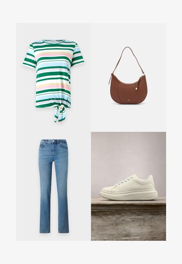 Camiseta de rayas verde y azul con mangas cortas, un escote redondo y un detalle de nudo atado en el dobladillo. Fabricada en una tela suave.; Jeans de mezclilla azul claro con diseño de pierna recta, con cremallera, cierre de botón y bolsillos cosidos en la parte delantera y trasera.; Zapatilla deportiva de cuero blanco con puntera redonda, textura lisa y cordones en contraste. Cuenta con orificios de ventilación y una suela de goma gruesa para mayor comodidad.; Bolso de hombro de imitación cuero marrón con forma curva, costura mínima y un acento de hardware en tono dorado. Presenta un cierre de cremallera en la parte superior y una correa ajustable.