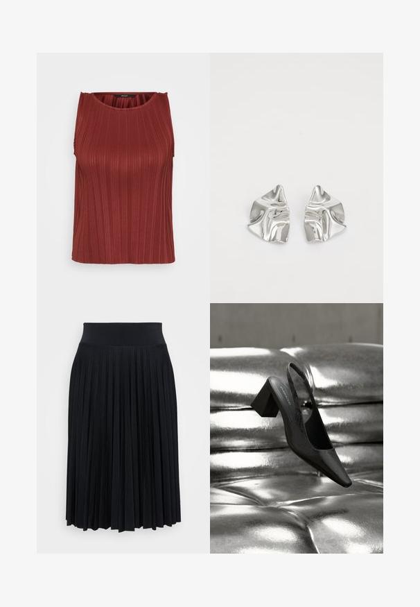 Gestreifter roter Tanktop mit rundem Ausschnitt, ärmellosem Design und strukturiertem Stoff. Verfügt über dezente Raffung an den Schultern.; Schwarzer, plissierter Rock mit einem breiten Bund, gefertigt aus einem weichen Material. Verfügt über vertikale Falten für zusätzliche Textur und Bewegungsfreiheit.; Schwarzer Slingback-Absatz mit spitz zulaufender Spitze, der eine strukturierte Oberfläche und einen massiven Blockabsatz aufweist. Auf einem glänzenden, metallischen Hintergrund platziert.; Silberne Metallohrringe mit einem wellenförmigen, skulpturalen Design, das eine polierte Oberfläche und unregelmäßige Formen aufweist, die eine zeitgenössische Ästhetik betonen.