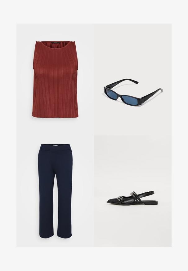 Gestreifter roter Tanktop mit rundem Ausschnitt, ärmellosem Design und strukturiertem Stoff. Verfügt über dezente Raffung an den Schultern.; Marineblaue gerade geschnittene Hose aus elastischem Material, mit flachem Bund und zwei seitlichen Taschen für Funktionalität.; Even&Odd by Zalando Sling-Ballerina - black; Schwarze Sonnenbrille mit einem eleganten rechteckigen Rahmen und blauen Gläsern. Besitzt eine glatte Oberfläche und robuste Scharniere. Markenlogo an der Seite.