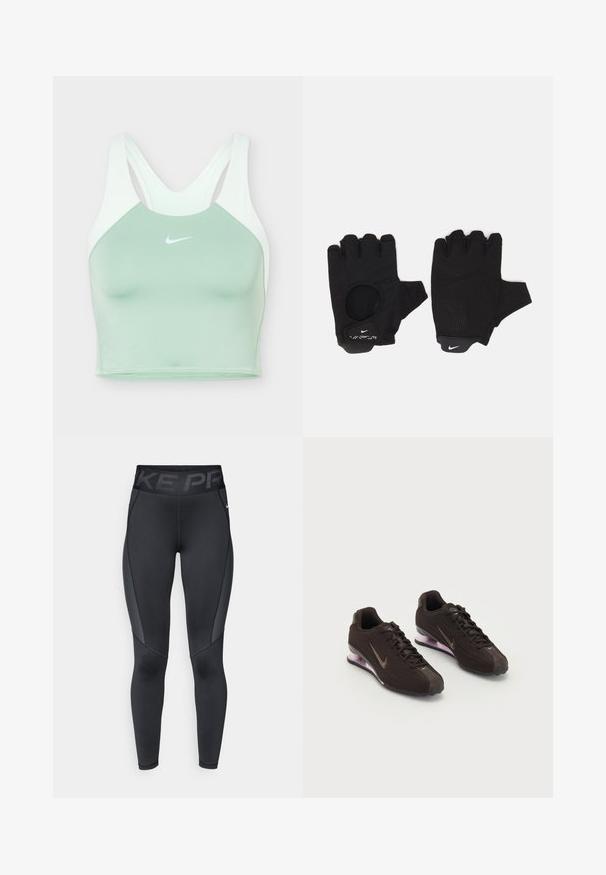 Lysegrøn Nike sports-bh med hvide racerback-stropper og hvid Swoosh-logo centreret foran.; Sorte atletiske leggings med en tekstureret sidepanel, høj elastisk talje med "NIKE PRO" branding og en tætsiddende pasform.; Sorte atletiksko med en tekstureret overdel, brune detaljer og en lilla luftfyldt sål. Snørebåndsdesign med fremtrædende branding.; Sorte fingerløse handsker med et tekstureret design. Lavet af et åndbart materiale, med en tommelfingeråbning og forstærket håndflade for bedre greb.