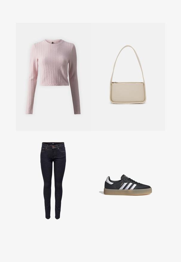 Top de manga larga rosa, con cuello redondo y diseño cropped. El material parece suave con una superficie texturizada.; Vaqueros ajustados de mezclilla azul oscuro con botones frontales y bolsillos, costuras visibles y etiqueta de marca en la pretina.; Zapatilla deportiva de cuero negro con tres rayas plateadas, punta texturizada y suela de goma. Cuenta con un collar acolchado y un diseño con cordones.; Even&Odd by Zalando Bolso de mano - off white