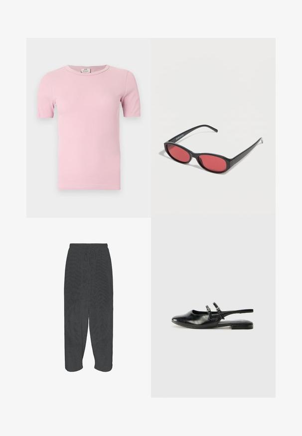 T-shirt court à manches courtes côtelé rose clair avec encolure ronde, présenté à plat sur un fond blanc.; Pantalon noir coupe ample avec ceinture élastique et cordon, présenté à plat sur fond blanc.; Chaussure slingback en cuir noir avec un bout pointu, deux accents de boucle et un talon bas. Texture lisse et design raffiné.; Lunettes de soleil ovales noires avec des branches fines et des verres teintés rouges posées sur une surface blanche.