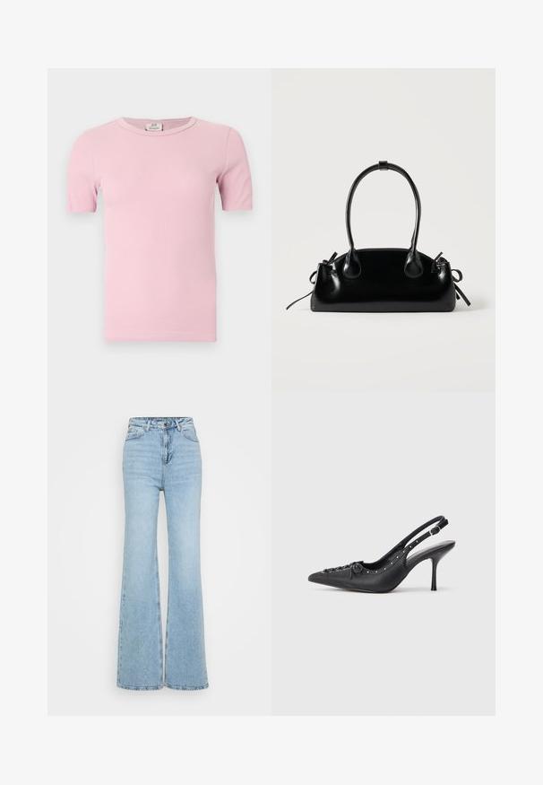 Lys lyserød ribstrikket T-shirt med korte ærmer og rund hals, vist fladt mod en hvid baggrund.; Lyseblå vide jeans lavet af denim, med høj talje, fem-lomme design og en rå kant forneden. Teksturen er let slidt.; Sorte læder slingback stiletto med spids tå, side spændebånd, nitter langs kanten og dekorativ snøring foran.; Lille sort blank håndtaske med to lange håndtag og snøre-detaljer i siden på en ensfarvet lys baggrund.