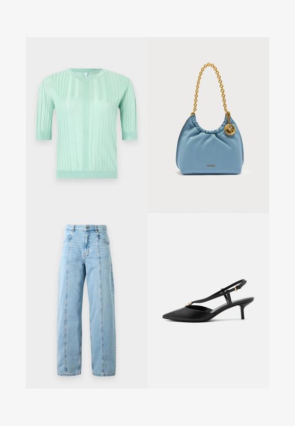 Lichtgroene ribgebreide trui met korte mouwen, een ronde halslijn en aansluitende boorden en zoom.; Lichtblauwe high-waist straight-leg jeans met voortseams, zijzakken, riemlussen en een metalen knoopsluiting.; Zwarte leren slingback kittenheels met puntige neus, smalle T-strap, verstelbare gesp en kleine gouden versiering op het bandje.; Lichtblauwe zachte leren schoudertas met gouden kettingband en ronde gouden logohanger.