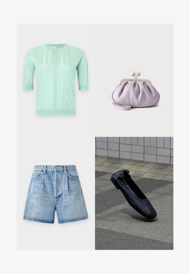 Pull court en tricot côtelé vert clair avec un col rond et des poignets et un ourlet ajustés.; Shorts en denim bleu clair à taille haute, présentant une fermeture à bouton et à zip, des poches avant et un ourlet effiloché.; Ballerine en cuir noir avec un dos élastiqué reposant sur un pavement extérieur texturé avec un mur carrelé en arrière-plan.; Pochette lavande douce avec tissu froncé, fermoir kiss-lock argenté et bracelet assorti sur un fond clair uni.