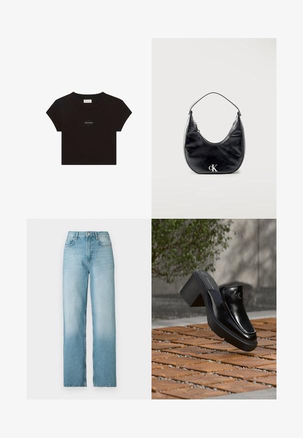 Zwart cropped t-shirt met korte mouwen, ronde halslijn en kleine witte "Calvin Klein" logo tekst gecentreerd op de borst.; Lichtblauwe high-waist rechtgesneden spijkerbroek met knoop- en ritssluiting aan de voorkant, voor- en achterzakken, weergegeven tegen een witte achtergrond.; Zwarte leren Calvin Klein slip-on mule met blokhak rustend op houten tegels buiten, vlak bij een groene plant en een grijze muur.; Zwarte leren handtas in halvemaanvorm met korte riem en zilveren "cK" logo aan de voorkant, ritssluiting aan de bovenkant.