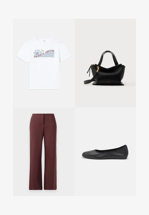 Weißes Baumwoll-T-Shirt mit einem bunten Grafikdesign eines Riesenrads und einer Achterbahn sowie dem Schriftzug "PS Paul Smith" in Rot und Blau.; Burgunderfarbene weit geschnittene Hose aus glattem Stoff, mit Reißverschluss, tailliertem Schnitt und klaren Linien für ein strukturiertes Erscheinungsbild.; Schwarze Leder-Ballettschuhe mit abgerundeter Spitze, glatter Textur, minimalen Nähdetails und einem flexiblen Sohlen-Design.; Schwarze Lederhandtasche mit geschwungenem Design, goldenen Beschlägen, kurzen Griffen und abnehmbarem Schulterriemen. Verfügt über eine glatte Textur und ein Logodetail.