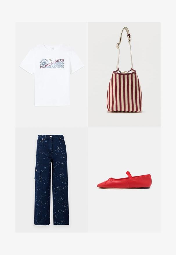 Hvid bomulds T-shirt med et farverigt grafik af et pariserhjul og en rutsjebane samt "PS Paul Smith" tekst i rød og blå.; Mørkeblå denim cargo bukser med stjernemønster, vide ben, forlommer og en sidelomme med knaplukning.; Loeffler Randall LEONIE SOFT BALLET FLAT - Ballerinasko m/ rem - red; Skuldertaske med røde og beige lodrette striber, guldfarvet hardware og en justerbar cremefarvet rem med flettet detalje.