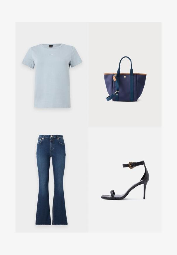 Camiseta de manga corta color azul claro con cuello redondo y pequeño logo bordado centrado justo debajo del cuello.; CLOSED JOVANNA - Vaqueros a campana - dark blue; Sandalia negra de tacón alto con una delgada correa en el tobillo que presenta una hebilla dorada ornamentada y una única correa en los dedos, acabado de cuero texturizado.; Bolso tote azul marino con ribete marrón y asas dobles, que cuenta con una correa de hombro ajustable con hebilla dorada y un pequeño detalle de botón dorado.