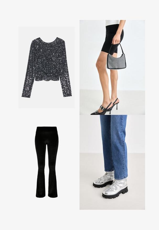 Top de manga larga en negro con textura acanalada, cubierto de brillantes lentejuelas. Escote redondo y silueta ajustada.; Pantalones acampanados negros en tejido suave de terciopelo. Cintura alta y textura lisa. El diseño presenta un corte acampanado desde la rodilla hacia abajo.; Botas de tobillo metálicas plateadas con suela negra resistente, que cuentan con una parte superior acolchada y cordones, combinadas con vaqueros rectos azules.; Bolso de cuentas negras con una silueta curva, asa de transporte y textura brillante. Llevado con zapatos de tacón altos negros y pantalones cortos negros ajustados.