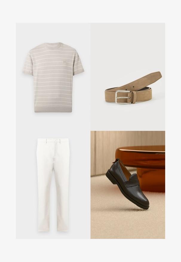 Chemise en maille beige clair à manches courtes avec de fines rayures blanches horizontales et un petit écusson carré avec logo sur le côté gauche de la poitrine.; Pantalons beiges en tissu lisse, avec une coupe droite, des poches avant, une fermeture éclair et un bouton unique à la taille.; Mocassin en cuir noir à talon bas flottant au-dessus d'un tapis beige, à côté d'une table brillante couleur ambre dans une pièce minimaliste.; Ceinture en daim marron clair avec boucle métallique argentée, roulée et posée sur une surface blanche.