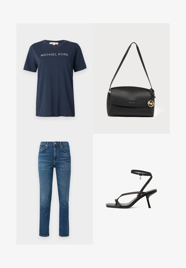 Námornícka modrá bavlnená tričko s krátkymi rukávmi, s nápisom „MICHAEL KORS“ z kryštálikov na hrudi. Klasický okrúhly výstrih, štandardný strih.; Tmavomodré džíny z denimu s rovnými nohavicami, dizajnom s piatimi vreckami a kovovým gombíkom v páse. Mierne vyblednutie a detaily prešívania.; Čierne sandále na tenkých popruhoch s úzkym členkovým popruhom, špicatou špičkou a malým podpätkom. Obsahujú strieborný prívesok na členkovom popruhu.; Čierna kožená kabelka cez rameno s chlopňou, zlatým príveskom s logom Michael Kors a nastaviteľným popruhom na svetlom jednotnom pozadí.