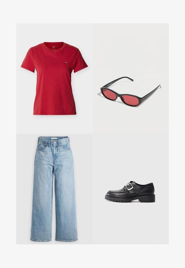 Camiseta roja de manga corta con cuello redondo de Levi's, con un pequeño parche con el logo en el pecho izquierdo, presentada sobre un fondo claro y neutro.; Vaqueros de pierna ancha de color azul claro con una cintura alta, confeccionados en tejido de denimbre. Presentan un diseño clásico de cinco bolsillos y herrajes metálicos.; Zapatos de cuero negro con puntera redonda, que presentan un detalle de hebilla lateral y una suela gruesa y resistente. Textura suave con costuras mínimas.; Gafas de sol ovaladas negras con varillas delgadas y lentes tintados de rojo descansando sobre una superficie blanca.